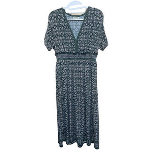 Max Studio Women's Midi Dress V-Neck Large Split Ruched Short Sleeves Navy Green